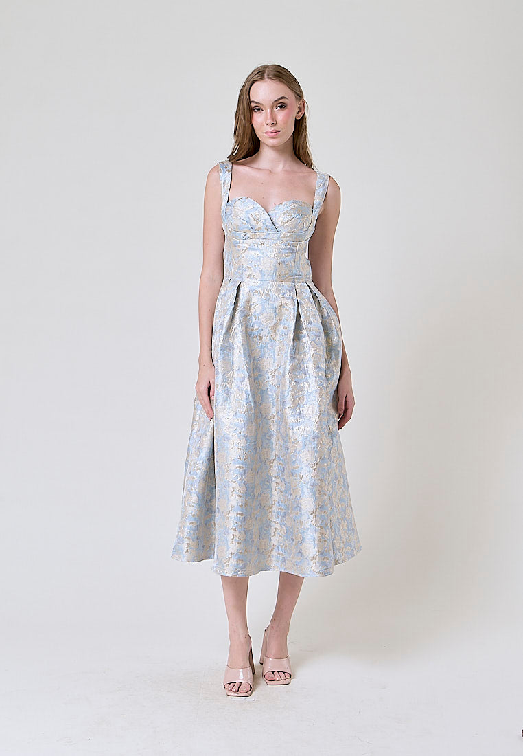 Ludovica Ash Blue Floral Pattern Midi Dress