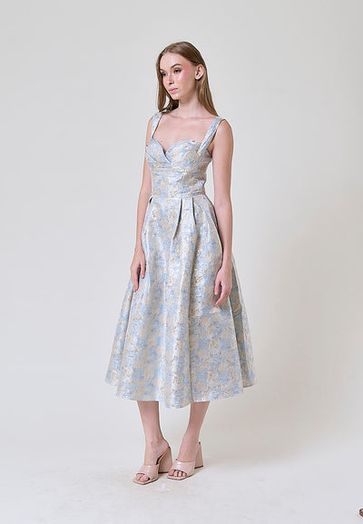 Ludovica Ash Blue Floral Pattern Midi Dress