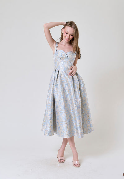 Ludovica Ash Blue Floral Pattern Midi Dress