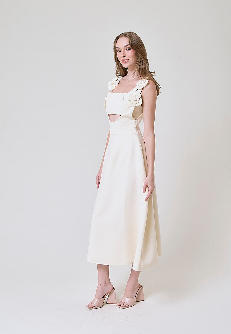 Cassidy Cream  Tiered With Flower Applique Details Midi Dress