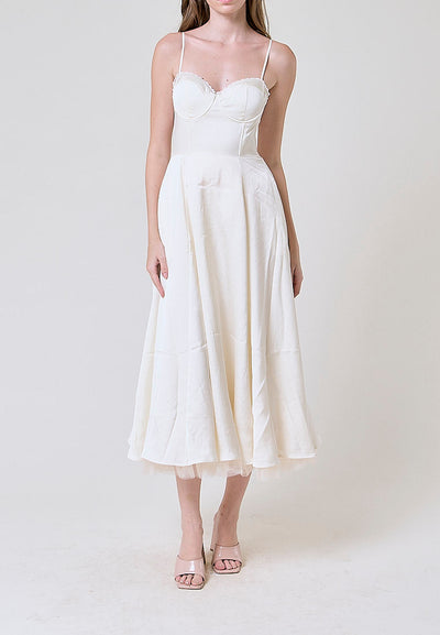 Viola White Bustier Flowy A Line Midi Dress