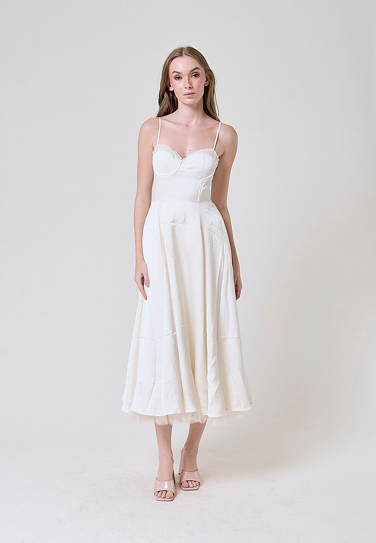 Viola White Bustier Flowy A Line Midi Dress