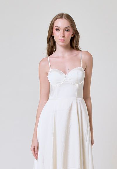 Viola White Bustier Flowy A Line Midi Dress