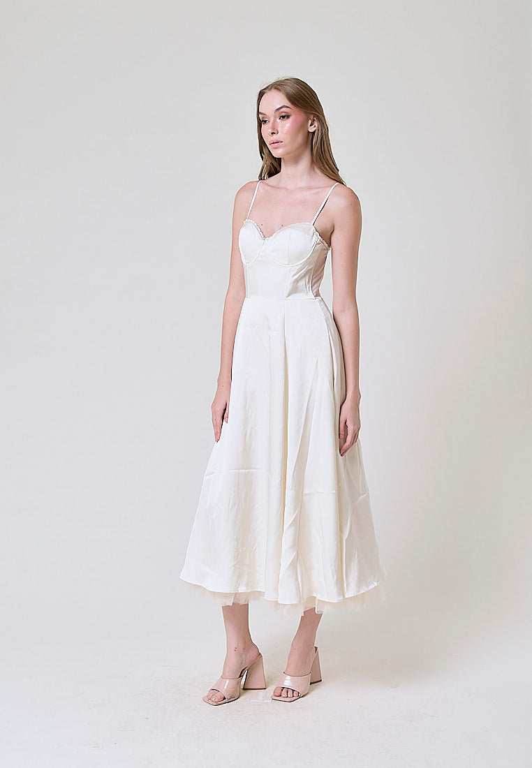 Viola White Bustier Flowy A Line Midi Dress