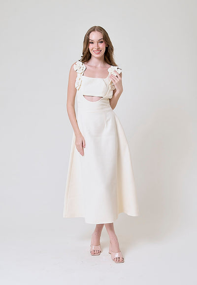 Cassidy Cream  Tiered With Flower Applique Details Midi Dress