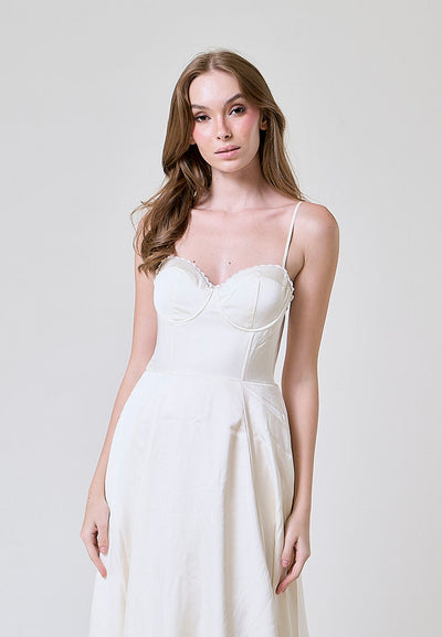 Viola White Bustier Flowy A Line Midi Dress