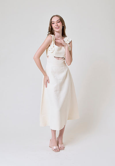 Cassidy Cream  Tiered With Flower Applique Details Midi Dress