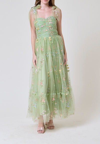 Crescent Matcha Beaded Floral Embroided Evening Maxi Dress