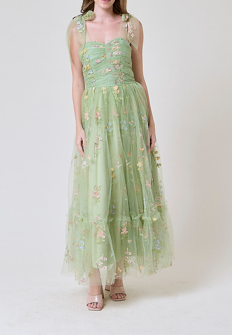 Crescent Matcha Beaded Floral Embroided Evening Maxi Dress