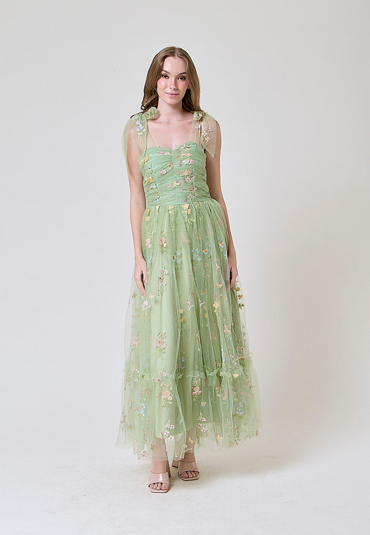 Crescent Matcha Beaded Floral Embroided Evening Maxi Dress