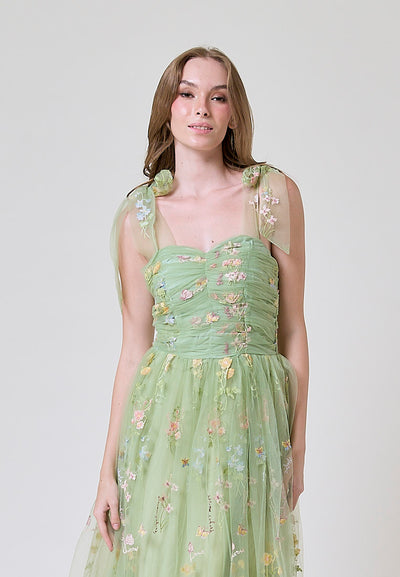 Crescent Matcha Beaded Floral Embroided Evening Maxi Dress