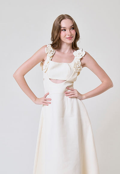 Cassidy Cream  Tiered With Flower Applique Details Midi Dress