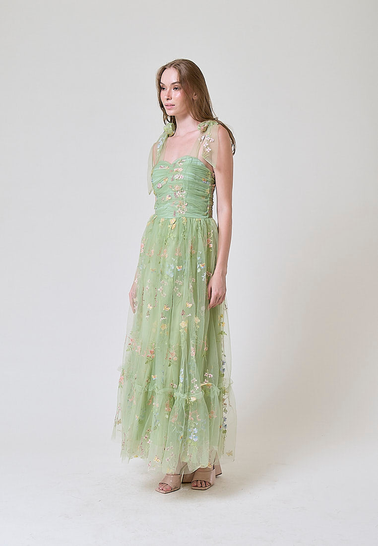 Crescent Matcha Beaded Floral Embroided Evening Maxi Dress