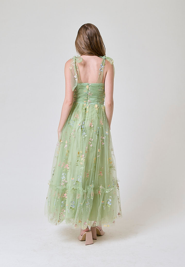 Crescent Matcha Beaded Floral Embroided Evening Maxi Dress