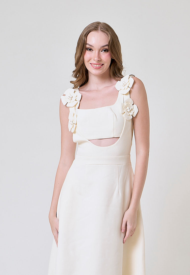 Cassidy Cream  Tiered With Flower Applique Details Midi Dress