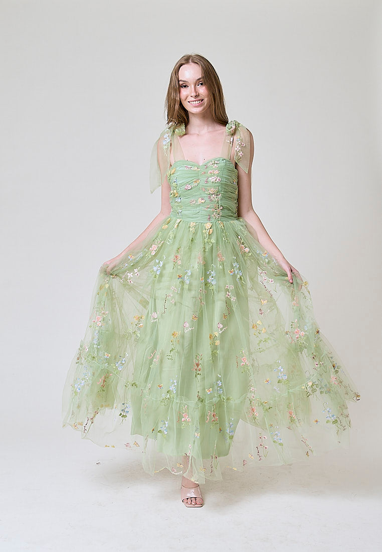 Crescent Matcha Beaded Floral Embroided Evening Maxi Dress