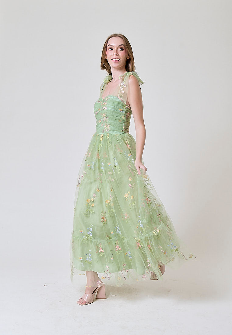 Crescent Matcha Beaded Floral Embroided Evening Maxi Dress