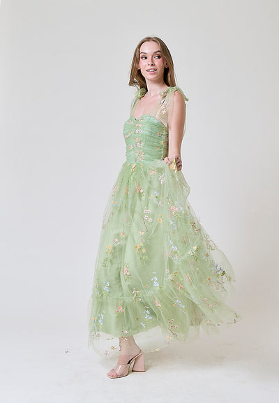 Crescent Matcha Beaded Floral Embroided Evening Maxi Dress