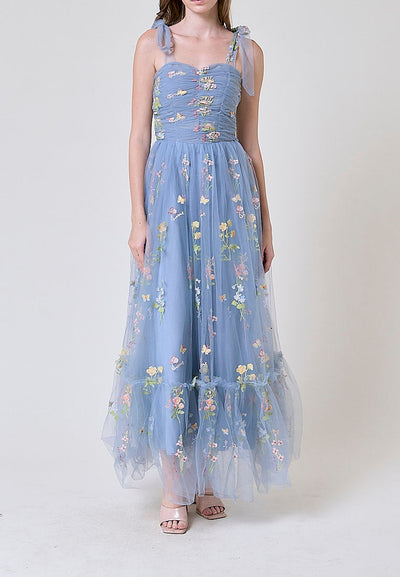 Crescent Earth Blue Beaded Floral Embroided Evening Maxi Dress