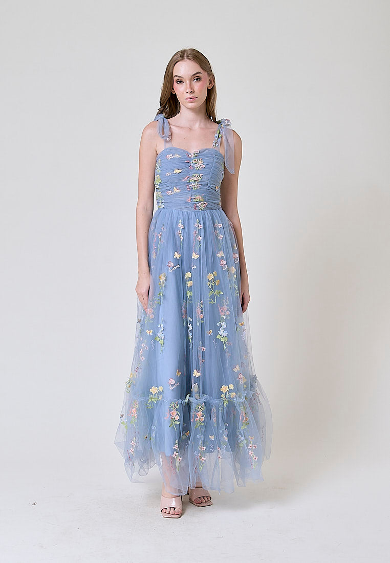 Crescent Earth Blue Beaded Floral Embroided Evening Maxi Dress