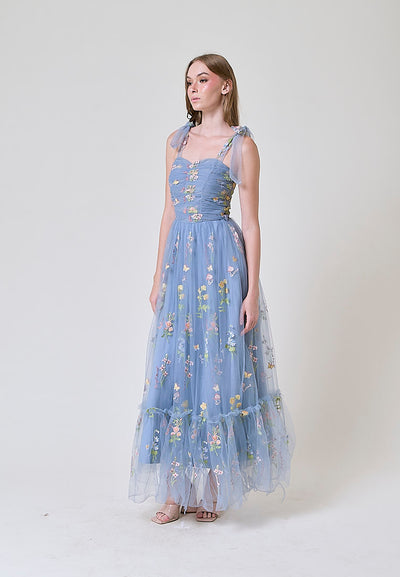 Crescent Earth Blue Beaded Floral Embroided Evening Maxi Dress