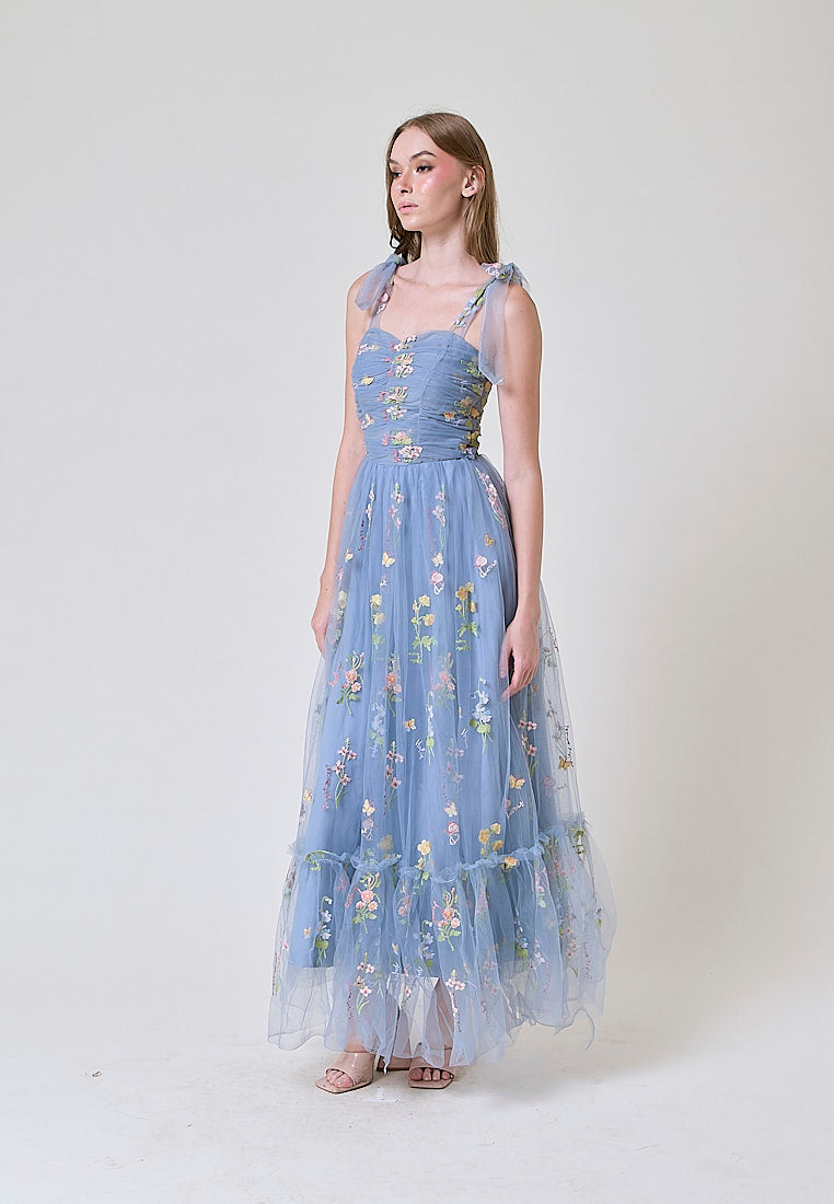 Crescent Earth Blue Beaded Floral Embroided Evening Maxi Dress