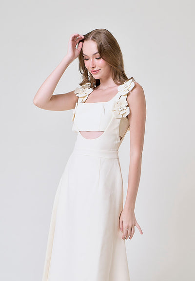 Cassidy Cream  Tiered With Flower Applique Details Midi Dress