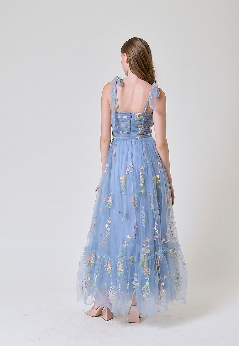 Crescent Earth Blue Beaded Floral Embroided Evening Maxi Dress