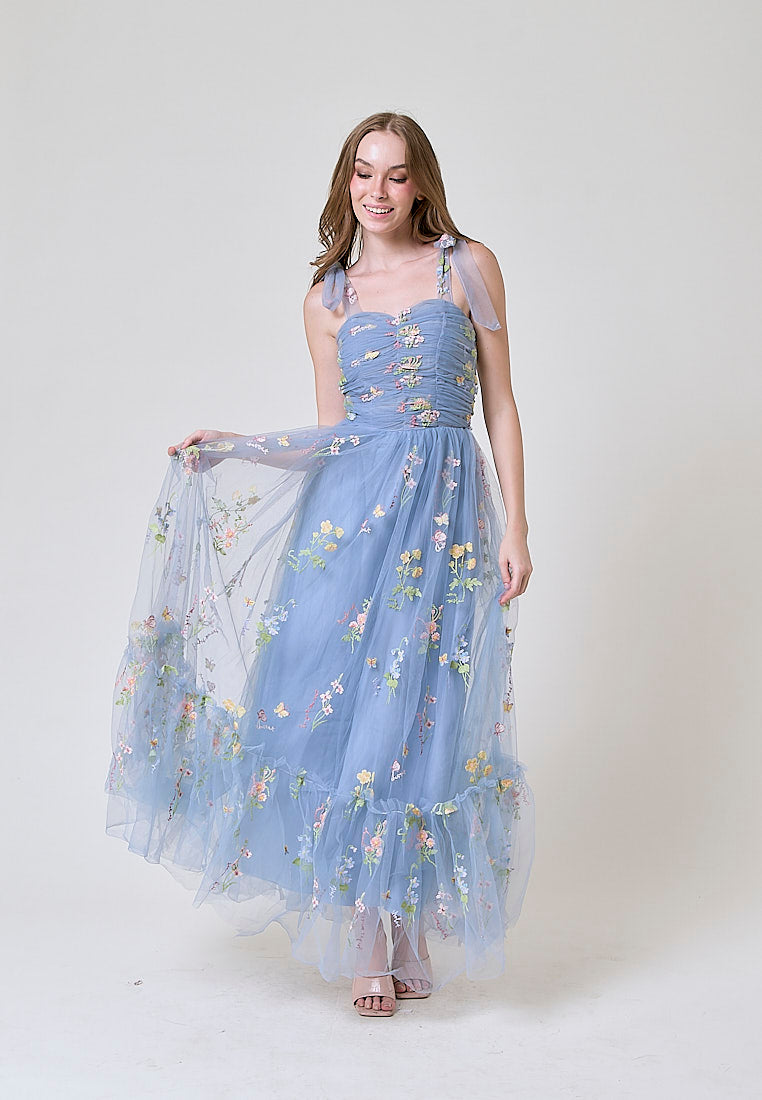 Crescent Earth Blue Beaded Floral Embroided Evening Maxi Dress