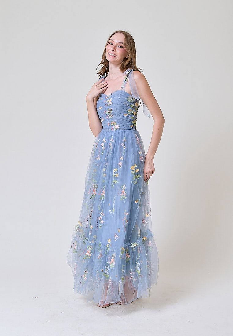 Crescent Earth Blue Beaded Floral Embroided Evening Maxi Dress