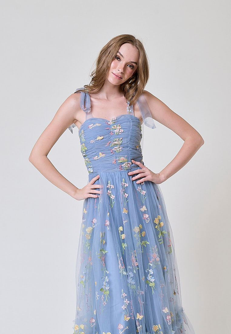 Crescent Earth Blue Beaded Floral Embroided Evening Maxi Dress