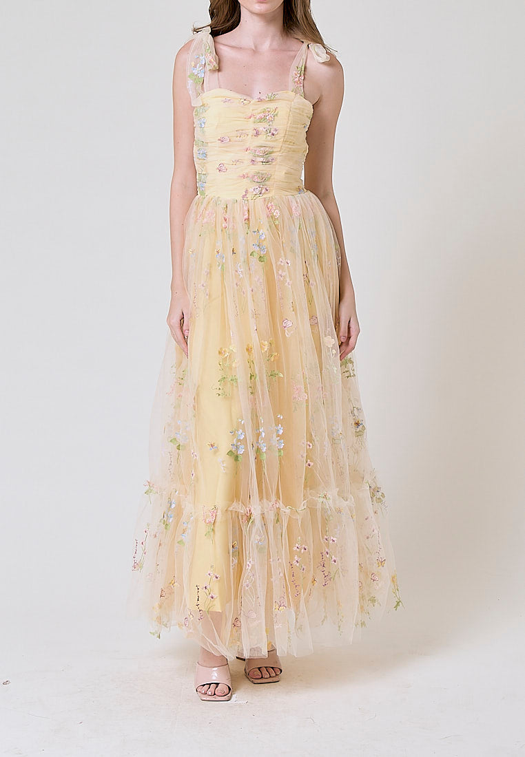 Crescent Yellow Beaded Floral Embroided Evening Maxi Dress