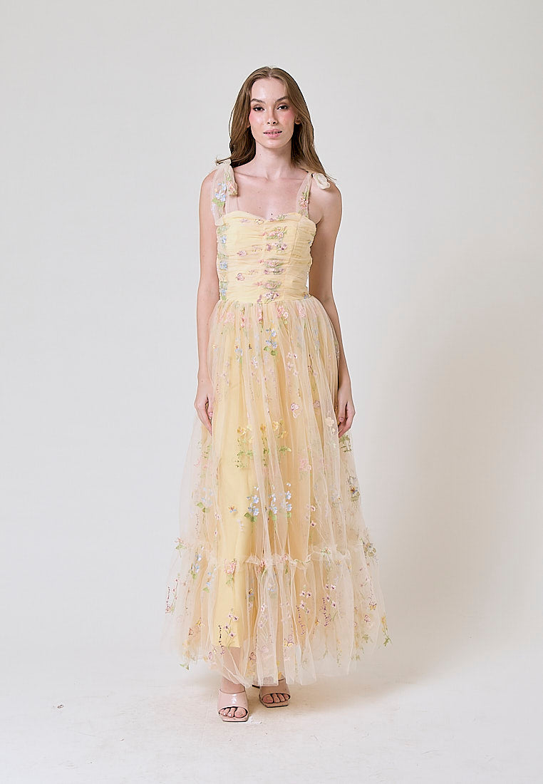 Crescent Yellow Beaded Floral Embroided Evening Maxi Dress