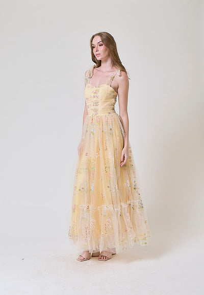 Crescent Yellow Beaded Floral Embroided Evening Maxi Dress