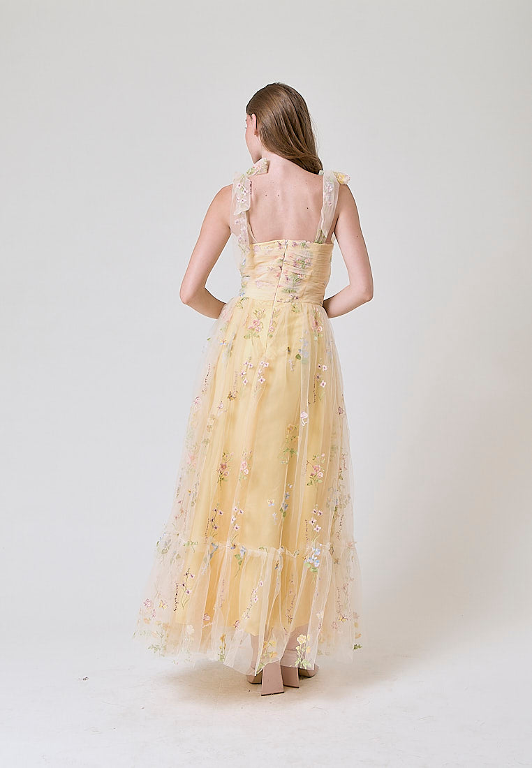 Crescent Yellow Beaded Floral Embroided Evening Maxi Dress