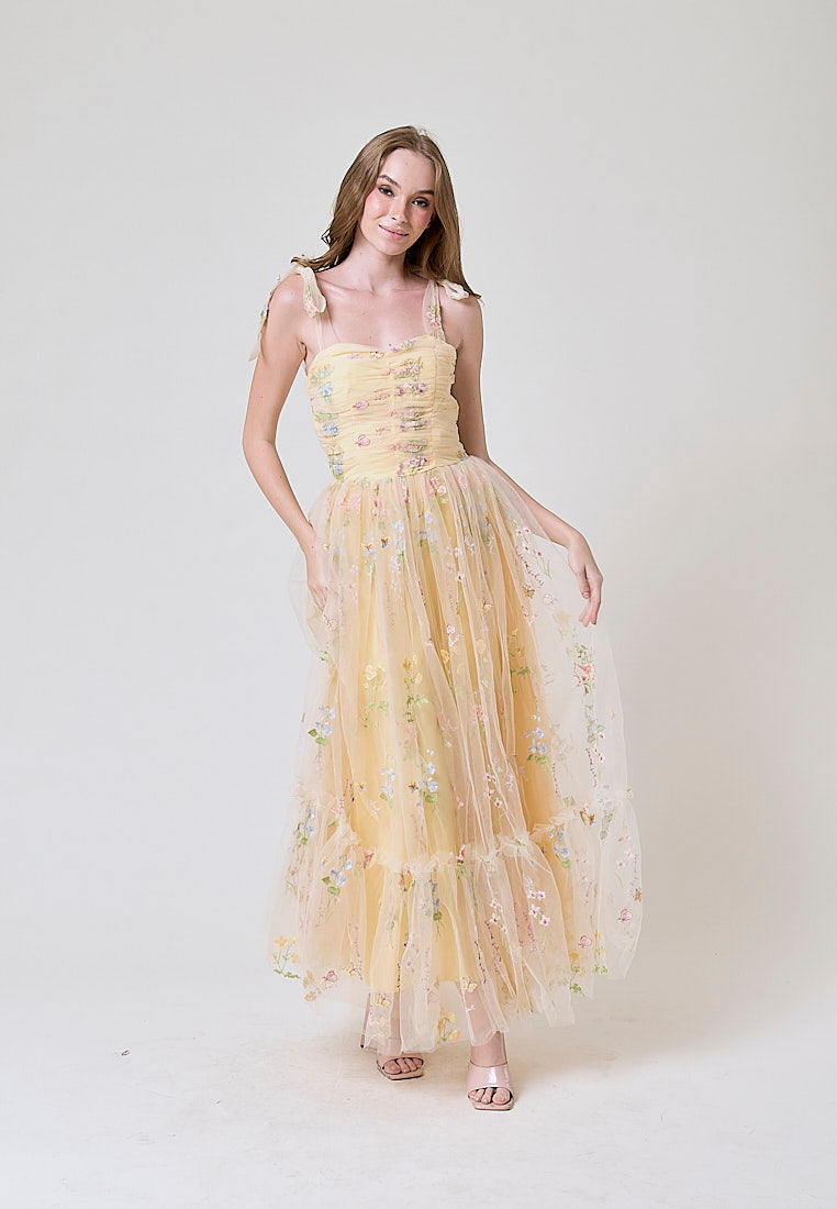 Crescent Yellow Beaded Floral Embroided Evening Maxi Dress