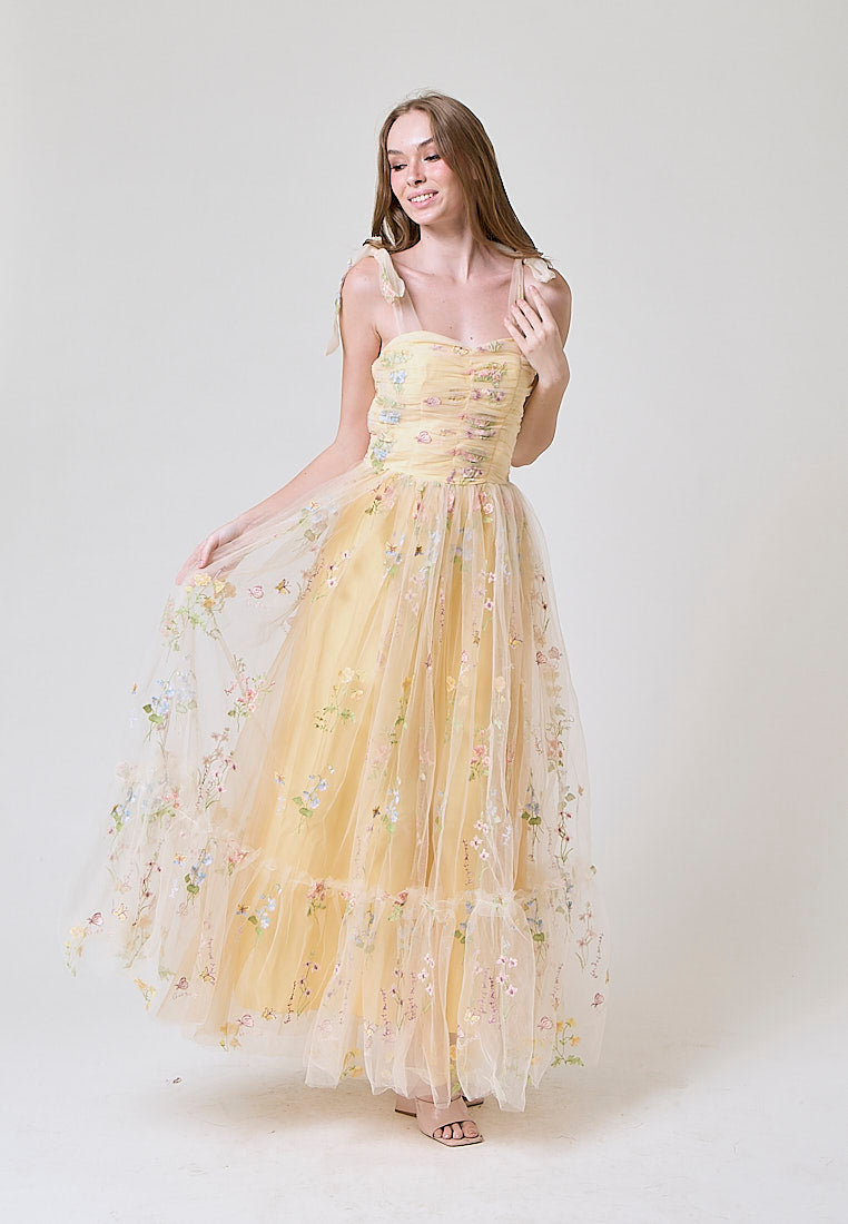 Crescent Yellow Beaded Floral Embroided Evening Maxi Dress