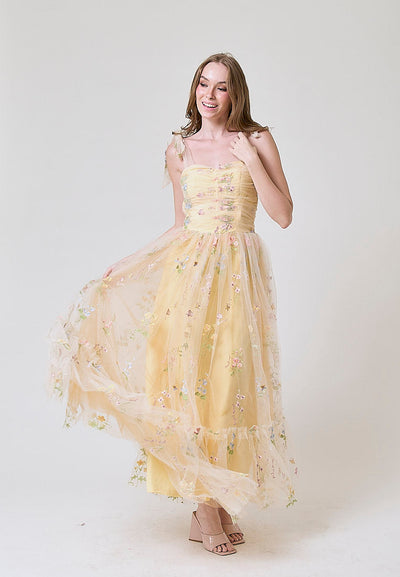 Crescent Yellow Beaded Floral Embroided Evening Maxi Dress