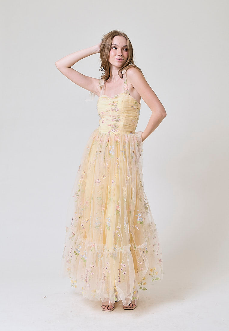 Crescent Yellow Beaded Floral Embroided Evening Maxi Dress