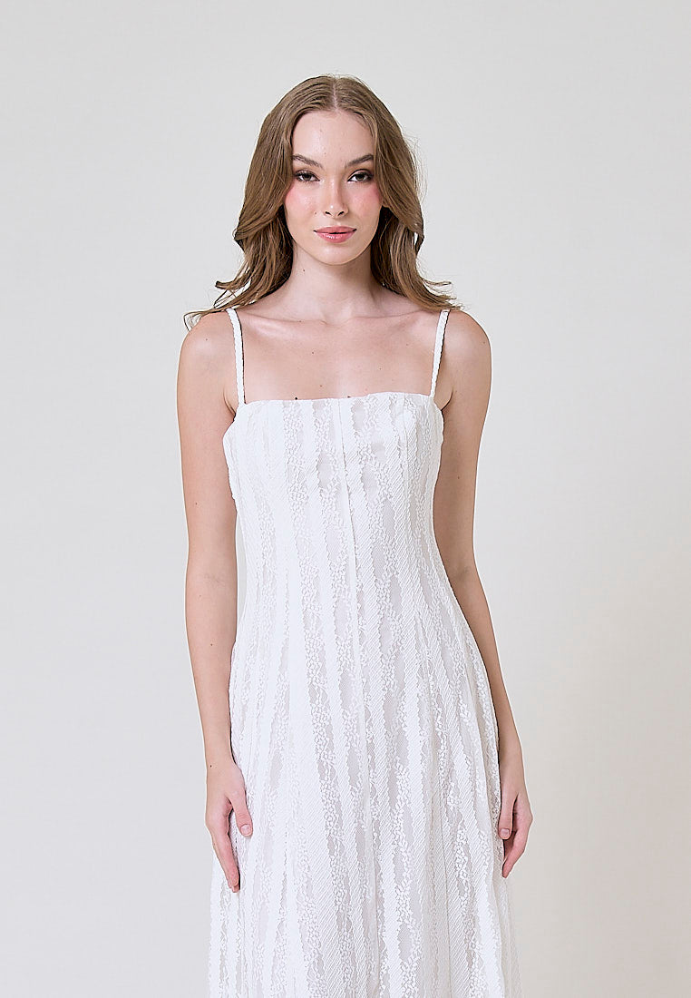 Ayumi White Square Neck Lace Midi Dress