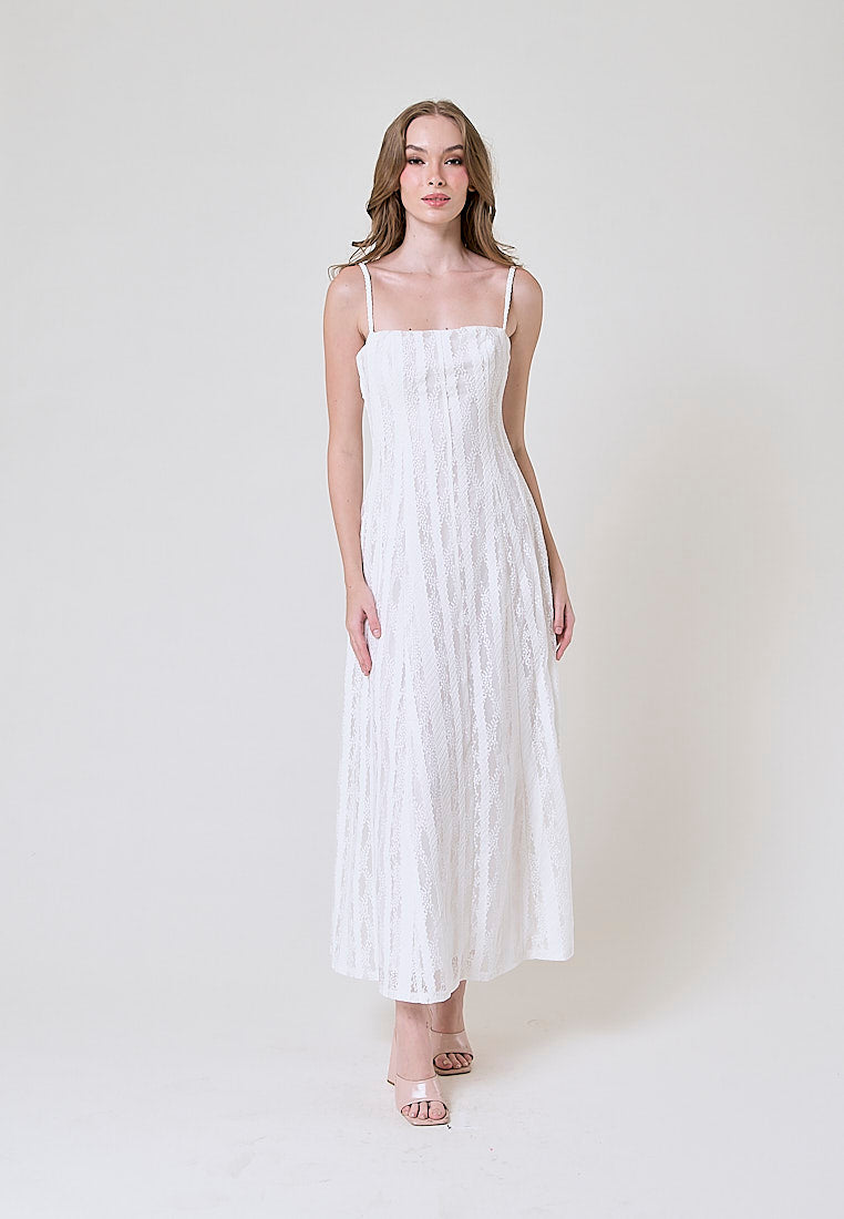 Ayumi White Square Neck Lace Midi Dress