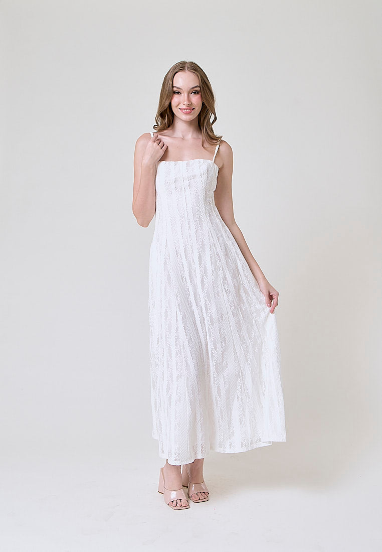 Ayumi White Square Neck Lace Midi Dress