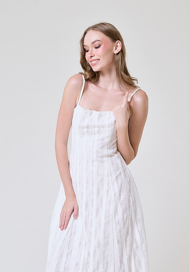 Ayumi White Square Neck Lace Midi Dress