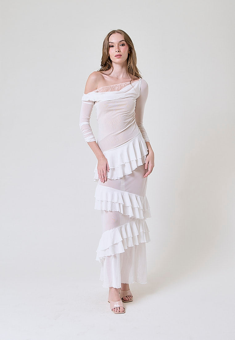 Ahora White Mesh Pleated Maxi Dress