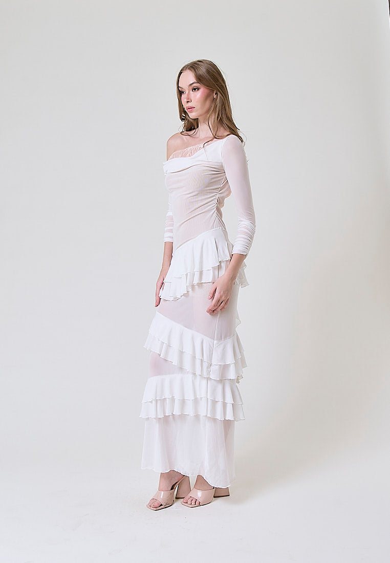 Ahora White Mesh Pleated Maxi Dress