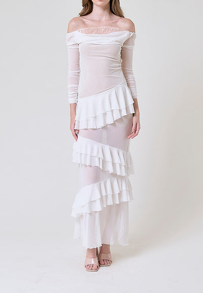 Ahora White Mesh Pleated Maxi Dress