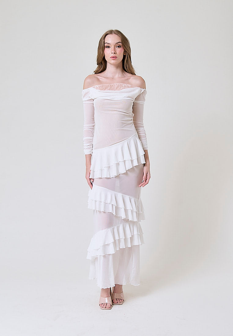 Ahora White Mesh Pleated Maxi Dress