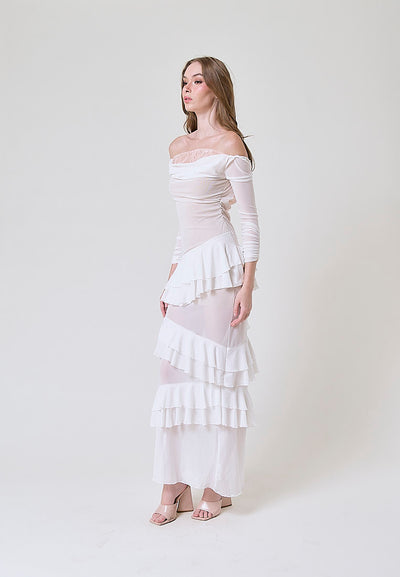 Ahora White Mesh Pleated Maxi Dress