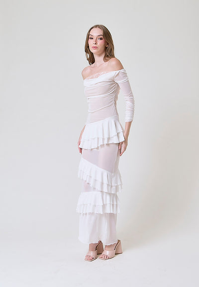 Ahora White Mesh Pleated Maxi Dress