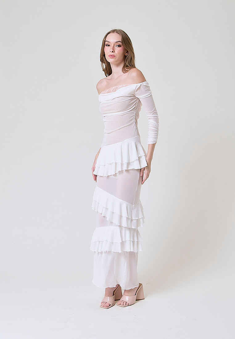 Ahora White Mesh Pleated Maxi Dress